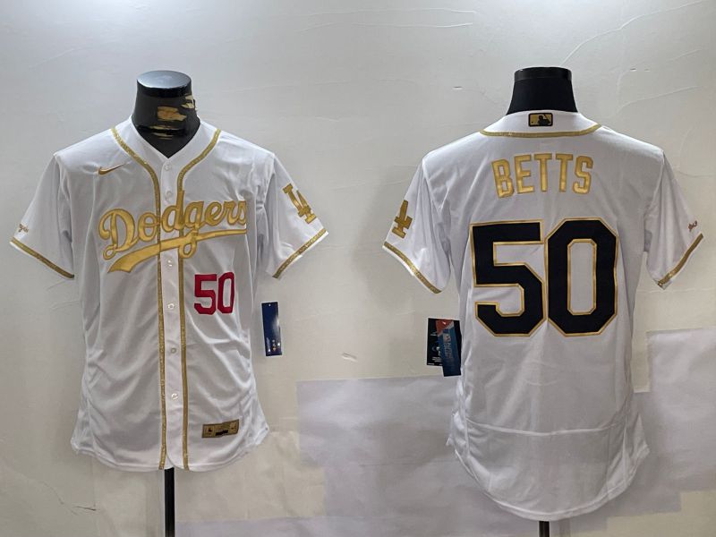 Men Los Angeles Dodgers #50 Betts White Gold Elite 2024 Nike MLB Jersey style 3